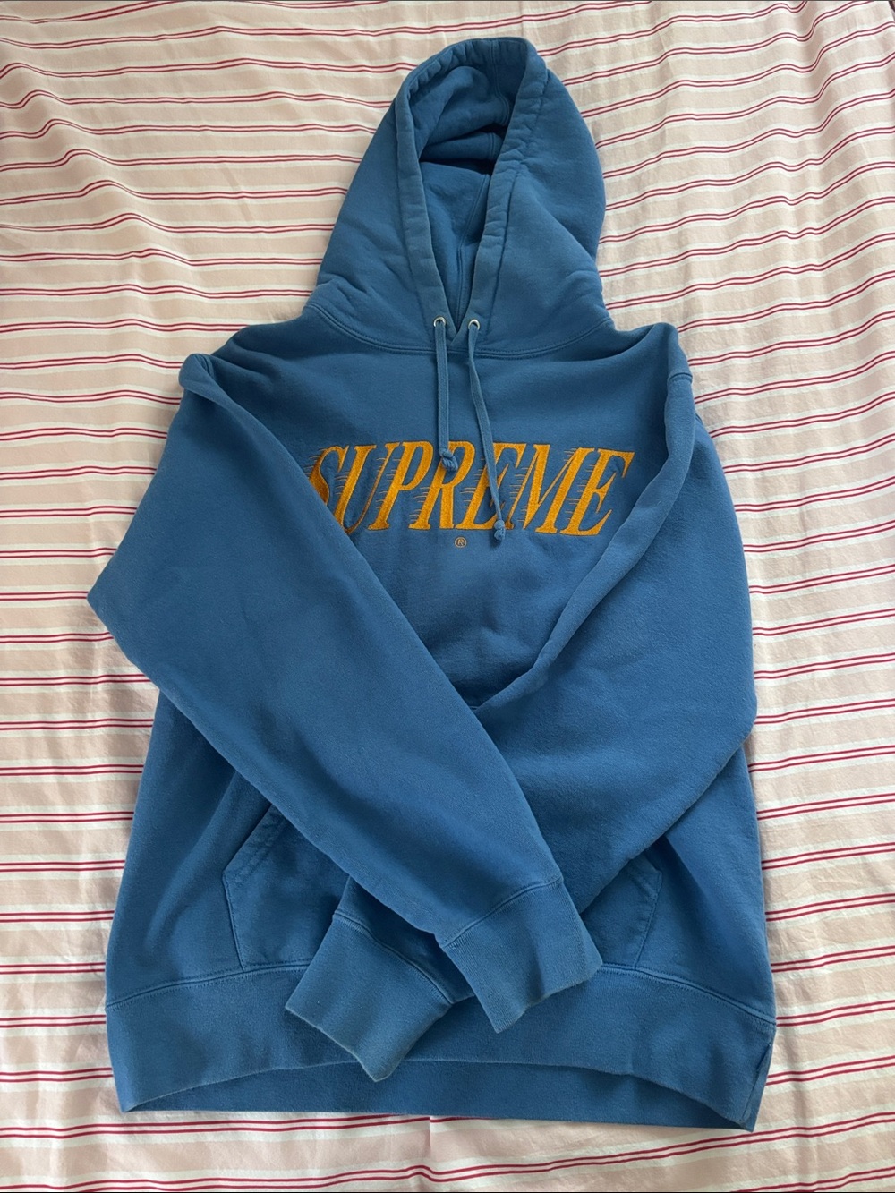 Supreme Blue Crewneck Hoodie with Yellow Script Logo